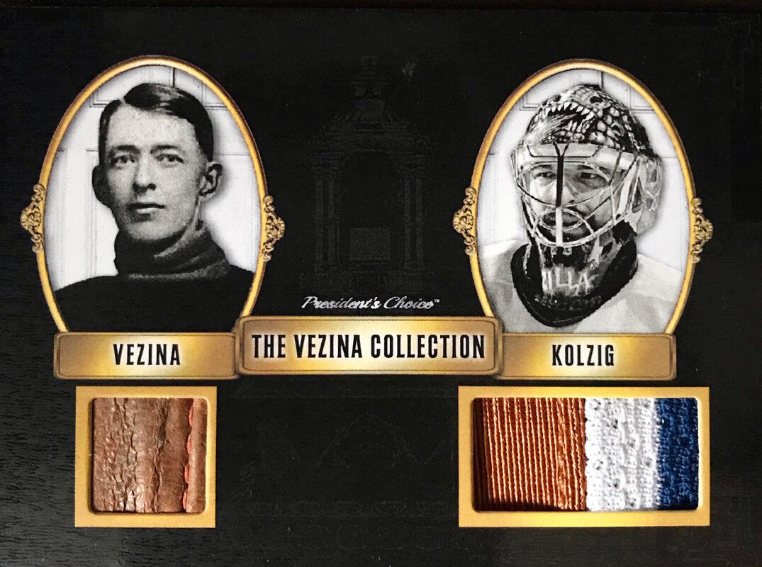 2021 President's ChoiceThe Vezina Collection - Trophy Winners Georges Vezina & Olaf Kolzig Dual Memorabilia card /5