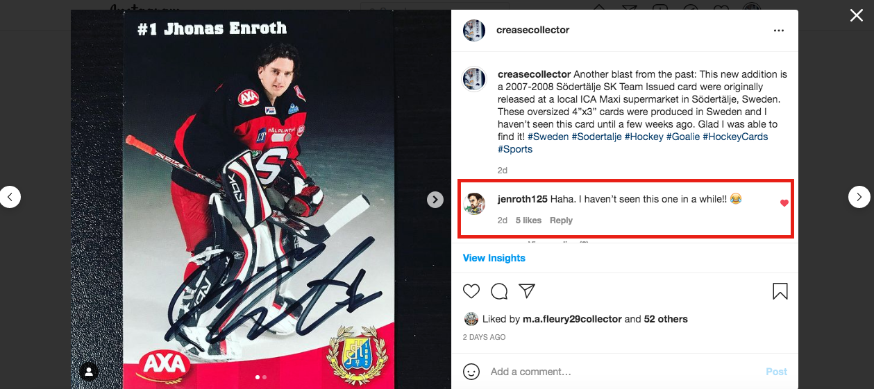 Jhonas Enroth commented on my Instagram photo.